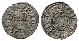 GUBBIO
Federico II di Montefeltro, 1444-1482.
Picciolo.
Mi
gr. 0,41
Dr. +FEDERICVS CO. Stemma inquartato con aquila e bandiere feltresche tra due...