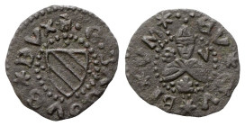 GUBBIO
Guidobaldo I da Montefeltro, 1482-1508.
Picciolo.
Æ
gr. 0,58
Dr. (aquiletta) •G•BALDVS✶DVX•. Scudo tra tre globetti. 
Rv. (quattro globet...