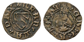 GUBBIO
Francesco Maria I della Rovere, 1508-1517.
Quattrino.
Æ
gr. 0,63
Dr. (trifoglio) FRAN(trifoglio)MA(trifoglio) DVX. Scudo tra due globetti....