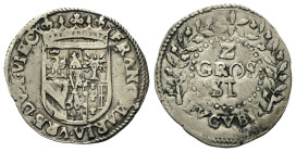 GUBBIO
Francesco Maria II della Rovere, 1574-1624
Da 2 Grossi.
Ag
gr. 2,19
Dr. FRANC•MARIA•VRB•DVX•VI ET C. Stemma semiovale coronato.
Rv. Z / G...