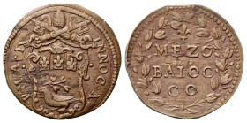 GUBBIO
Innocenzo X (Giovanni Battista Pamphilj), 1644-1655.
Mezzo Baiocco a. IX.
Æ
gr. 9,09
Dr. INNOC•X• - P•M•A•IX. Stemma sormontato da triregn...