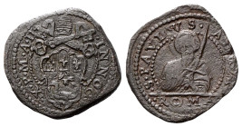 GUBBIO
Innocenzo X (Giovanni Battista Pamphilj), 1644-1655.
Mezzo Baiocco 1650 a. II.
Æ
gr. 3,32
Dr. •INNOC• - •X•P•M•A•II•. Stemma sormontato da...