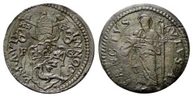 GUBBIO
Innocenzo X (Giovanni Battista Pamphilj), 1644-1655.
Quattrino a. VII.
Æ
gr. 3,34
Dr. •INNOC• - X•P•M•A•VII•. Stemma sormontato da triregn...