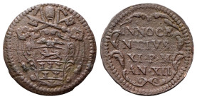 GUBBIO
Innocenzo XI (Benedetto Odescalchi), 1676-1689.
Quattrino a. XII.
Æ
gr. 3,59
Dr. Stemma sormontato da triregno e chiavi decussate.
Rv. IN...