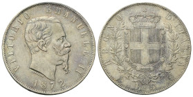 REGNO D’ITALIA
Vittorio Emanuele II, 1861-1878.
5 Lire 1872 Milano.
Ag
Dr. Testa del sovrano rivolta a d.
Rv. Stemma sabaudo crociato sormontato ...