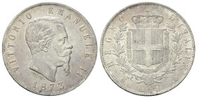 REGNO D’ITALIA
Vittorio Emanuele II, 1861-1878.
5 Lire 1873 Milano.
Ag
Dr. Testa del sovrano rivolta a d.
Rv. Stemma sabaudo crociato sormontato ...