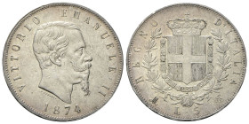 REGNO D’ITALIA
Vittorio Emanuele II, 1861-1878.
5 Lire 1874 Milano.
Ag
Dr. Testa del sovrano rivolta a d.
Rv. Stemma sabaudo crociato sormontato ...