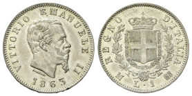 REGNO D’ITALIA
Vittorio Emanuele II, 1861-1878.
Lira 1863 Milano, I° Tipo.
Ag
Dr. Testa del sorvano rivolta a d.
Rv. Stemma sabaudo crociato sorm...