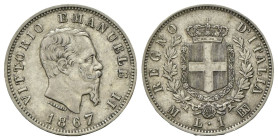 REGNO D’ITALIA
Vittorio Emanuele II, 1861-1878.
Lira 1867 Milano, I° Tipo.
Ag
Dr. Testa del sorvano rivolta a d.
Rv. Stemma sabaudo crociato sorm...