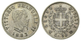 REGNO D’ITALIA
Vittorio Emanuele II, 1861-1878.
50 Centesimi 1863 Milano, I° Tipo.
Ag
Dr. Testa del sorvano rivolta a d.
Rv. Stemma sabaudo croci...