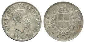REGNO D’ITALIA
Vittorio Emanuele II, 1861-1878.
50 Centesimi 1863 Torino, I° Tipo.
Ag
Dr. Testa del sorvano rivolta a d.
Rv. Stemma sabaudo croci...