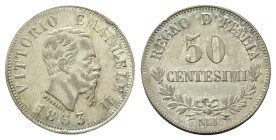 REGNO D’ITALIA
Vittorio Emanuele II, 1861-1878.
50 Centesimi 1863 Napoli, II° Tipo.
Ag
Dr. Testa del sorvano rivolta a d.
Rv. Su due righe valore...