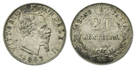 REGNO D’ITALIA
Vittorio Emanuele II, 1861-1878.
20 Centesimi 1863 Milano, II° Tipo.
Ag
Dr. Testa del sovrano rivolta a d.
Rv. Su due righe valore...