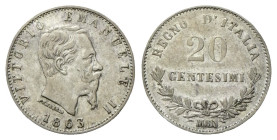 REGNO D’ITALIA
Vittorio Emanuele II, 1861-1878.
20 Centesimi 1863 Milano, II° Tipo.
Ag
Dr. Testa del sovrano rivolta a d.
Rv. Su due righe valore...