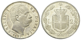 REGNO D’ITALIA
Umberto I, 1878-1900.
2 Lire 1897 Roma, II° Tipo.
Ag
Dr. Testa del sovrano rivolta a d.
Rv. Stemma sabaudo crociato sormontato da ...