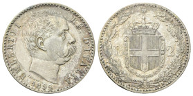 REGNO D’ITALIA
Umberto I, 1878-1900.
2 Lire 1899 Roma, II° Tipo.
Ag
Dr. Testa del sovrano rivolta a d.
Rv. Stemma sabaudo crociato sormontato da ...