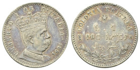 COLONIA ERITREA
Umberto I, 1890-1896.
Lira 1891 Roma.
Ag
Dr. Busto a d., in uniforme, con corona. 
Rv. Su due righe, L 1 e valore espresso in ama...