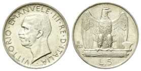REGNO D’ITALIA
Vittorio Emanuele III, 1900-1943.
5 Lire 1927 una rosetta Roma, Aquilino.
Ag
Dr. Testa del sovrano rivolta a s. 
Rv. Fascio littor...
