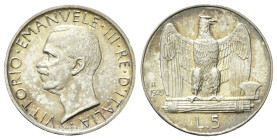 REGNO D’ITALIA
Vittorio Emanuele III, 1900-1943.
5 Lire 1929 una rosetta Roma, Aquilino.
Ag
Dr. Testa del sovrano rivolta a s. 
Rv. Fascio littor...