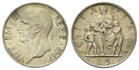 REGNO D’ITALIA
Vittorio Emanuele III, 1900-1943.
5 Lire 1936 a. XIV Roma, Fecondità.
Ag
Dr. Testa del sovrano rivolta a s.
Rv. Figura di donna at...