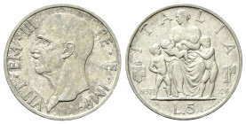 REGNO D’ITALIA
Vittorio Emanuele III, 1900-1943.
5 Lire 1937 a. XV Roma, Fecondità.
Ag
Dr. Testa del sovrano rivolta a s.
Rv. Figura di donna att...
