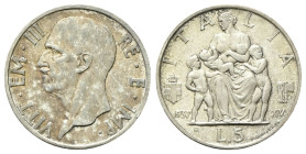 REGNO D’ITALIA
Vittorio Emanuele III, 1900-1943.
5 Lire 1937 a. XV Roma, Fecondità.
Ag
Dr. Testa del sovrano rivolta a s.
Rv. Figura di donna att...