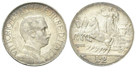 REGNO D’ITALIA
Vittorio Emanuele III, 1900-1943.
2 Lire 1912 Roma, Quadriga veloce.
Ag
Dr. Semibusto del sovrano in uniforme con il collare a test...