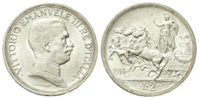 REGNO D’ITALIA
Vittorio Emanuele III, 1900-1943.
2 Lire 1914 Roma, Quadriga briosa.
Ag
Dr. Semibusto del sovrano in uniforme con il collare, a tes...
