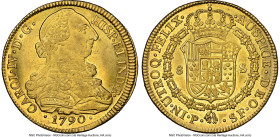 Charles IV gold 8 Escudos 1790 P-SF AU58 NGC, Popayan mint, KM53.2, Cal-1659. Bust of Charles III. Impressive luster pervades the sizable flan, especi...