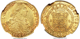 Charles IV gold 8 Escudos 1800 NR-JJ AU58 NGC, Nuevo Reino mint, KM62.1, Cal-1736. An attractive specimen just shy of a Mint State assignment, elevate...