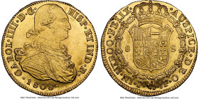 Charles IV gold 8 Escudos 1808 P-JF MS62 NGC, Popayan mint, KM62.2, Cal-1690, Fr-52. Bursting with mint bloom, providing opportunities for the luster ...