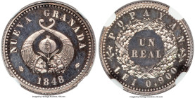 Nueva Granada silver Proof Pattern Real 1848 PR66 Cameo NGC, Popayan mint, KM-Pn11, Restrepo-P32. A tougher find than the Bogota issue, this Gem from ...