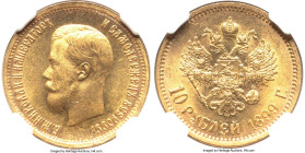 Nicholas II gold 10 Roubles 1899-ФЗ MS64 NGC, St. Petersburg mint, KM-Y64, Fr-179. Better assayer for this date and in Choice condition, with only two...