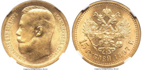 Nicholas II gold "Wide Rim" 15 Roubles 1897-AГ MS64 NGC, St. Petersburg mint, KM-Y65.1, Fr-177, Bit-1 (R). A conditional outlier for this more common ...