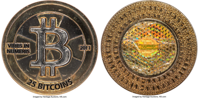 Casascius gilt brass Unloaded (Redeemed) 25 Bitcoin (BTC) 2011 MS60 PCGS, Ahonen...