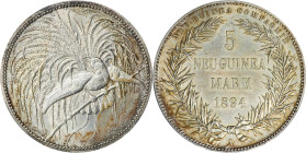 GERMAN NEW GUINEA. 5 Mark, 1894-A. Berlin Mint. Wilhelm II. PCGS MS-63.
KM-7; J-707. One of the most popular world crown issues, this lovely represen...