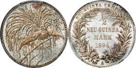 GERMAN NEW GUINEA. 1/2 Mark, 1894-A. Berlin Mint. Wilhelm II. PCGS MS-67.
KM-4; J-704. A stunning Superb-Gem that is tied with a few others at the to...