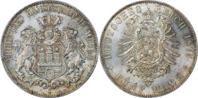 GERMANY. Hamburg. 5 Mark, 1875-J. Hamburg Mint. Free City. PCGS MS-65.
KM-598; J-62. RARE in this Gem state, and the sole finest example certified by...