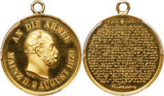 GERMANY. Prussia. Wilhelm I/Kaiser's Speech in Mainz Gold Medal, 1870. PCGS SPECIMEN-65.
Diameter: 18mm; Weight: 2.49 gms. Obverse: Bare head right; ...