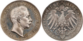 Stunning Prussian Crown Pattern
GERMANY. Prussia. Silver 5 Mark Pattern, 1904-A. Berlin Mint. Wilhelm II. NGC PROOF-64.
Schaaf-104/G4. A VERY RARE p...