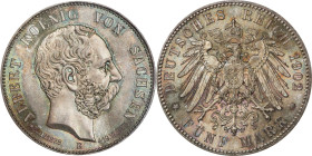 GERMANY. Saxony. 5 Mark, 1902-E. Muldenhutten Mint. Albert. PCGS MS-67.
KM-1256; J-128. Commemorating the death of Albert. Simply superb as a represe...