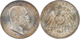 GERMANY. Wurttemberg. 5 Mark, 1900-F. Stuttgart Mint. Wilhelm II. PCGS MS-65.
Dav-964; KM-632; J-176. A fresh and flashy Gem specimen of this relativ...