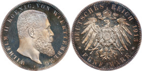 GERMANY. Wurttemberg. 5 Mark, 1913-F. Stuttgart Mint. Wilhelm II. NGC PROOF-64.
Dav-964; KM-632; J-176. An enamoring example of this proof issue that...