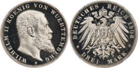 GERMANY. Wurttemberg. 3 Mark, 1908-F. Stuttgart Mint. Wilhelm II. NGC PROOF-65 Ultra Cameo.
KM-635; J-175. An alluring proof specimen with razor shar...