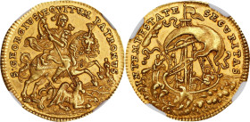 HUNGARY. St. George/Christ & Apostles Gold Medal of 2 Ducats Weight, ND (1690-1751). Kremnica Mint. NGC AU-58.
Fr-583; Huszar-20. By Jeremias Roth. W...