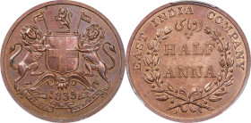 INDIA. British East India Company. 1/2 Anna, 1835-(B). Bombay Mint. William IV. PCGS PROOF-63 Red Brown.
KM-447.1; S&W-1.81. A lovely proof restrike,...