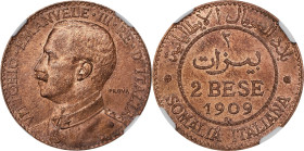 ITALIAN SOMALILAND. Bronze 2 Bese Prova (Pattern), 1909-R. Rome Mint. Vittorio Emanuele III. NGC MS-65 Red Brown.
KM-Pr2; Pag-400. A fairly SCARCE pa...