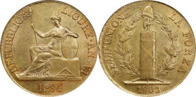 ITALY. Genoa. Ligurian Republic. 96 Lire, 1803. Genoa Mint. NGC AU-58.
Fr-448; KM-270. An impressive nearly-Mint State hefty gold issue, this allurin...