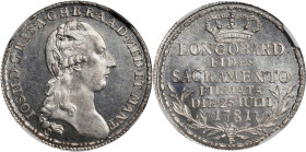 ITALY. Milan. Silver Medallic 1/2 Lira, 1781. Milan Mint. Giuseppi (Joseph) II. NGC MS-64+.
KM-Unlisted; Mont-117. A VERY RARE semi-medallic issue fe...