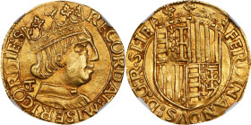 ITALY. Naples & Sicily (Naples). Ducat, ND (1458-94)-T. Naples Mint. Ferrante (Ferdinand) I. NGC AU Details--Edge Filing.
Fr-819; MIR-64/7. Obverse: ...